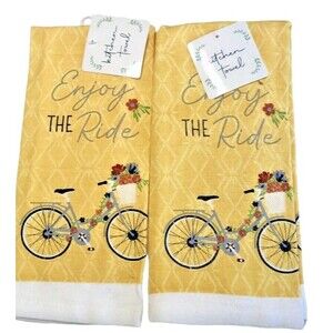 Bicycle Bike Kitchen Dish Towels Enjoy the Ride Yellow Spring Summer Set of 2